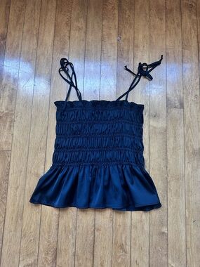 Black Smocked Ruffle-Hem Tie-Strap Cami